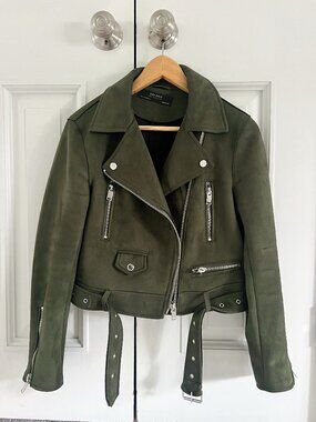 Zara Faux Suede Biker Jacket in Hunter Green - Size Medium